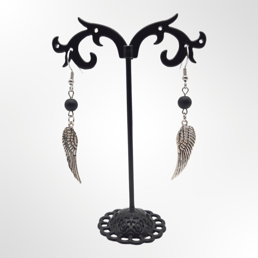 Black Beaded Dangle Drop Silver Wing Minimalist Earrings Handmade Jewelry - Picture 4 of 6